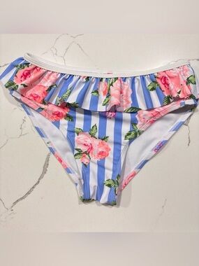 Betsey Johnson Girls Blue Striped Floral Ruffles Bikini Bottom 2 PC Swim Suit 12